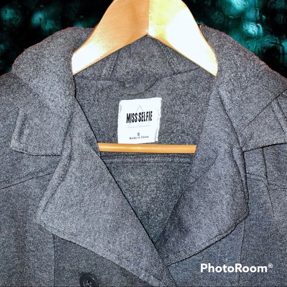 MISS SELFIE Lapel, Double-Breasted Pea Coat w/ Belt, Charcoal Gray, Woman's SM - Picture 3 of 15